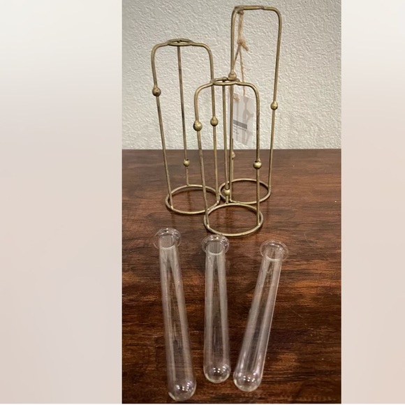Gold Metal Hinged 3 Glass Test Tubes Vase Set. - Picture 3 of 13
